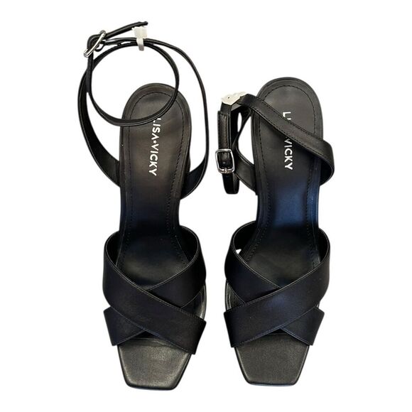 Lisa Vicky Black Leather Jazz Platform Heel Sandals 8.5 - Picture 2 of 4